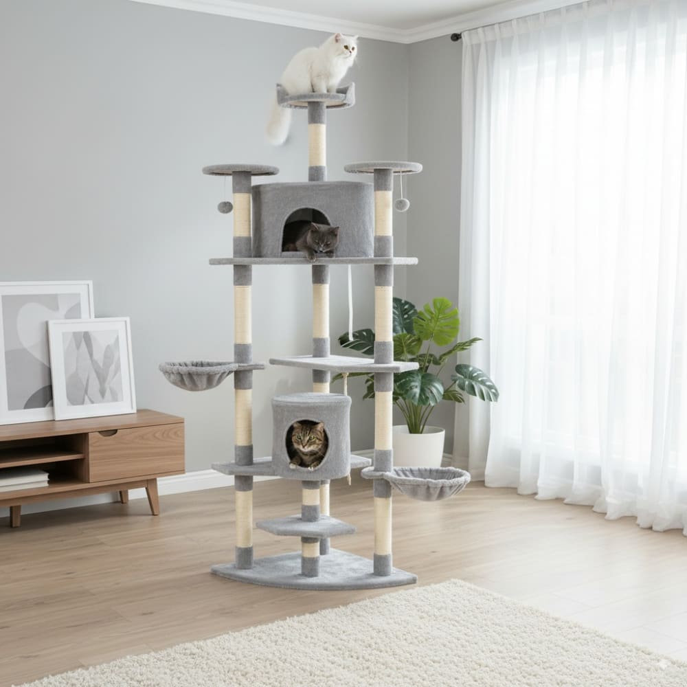 Grand arbre à chat en peluche avec griffoirs sisal, niches et hamacs