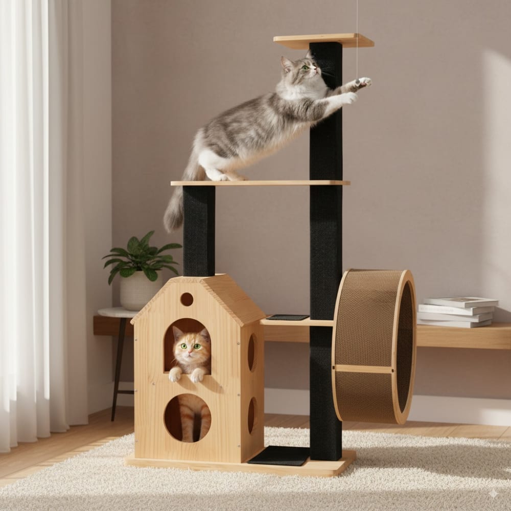 Arbre à chat en bois avec maison, roue d'exercice et griffoirs