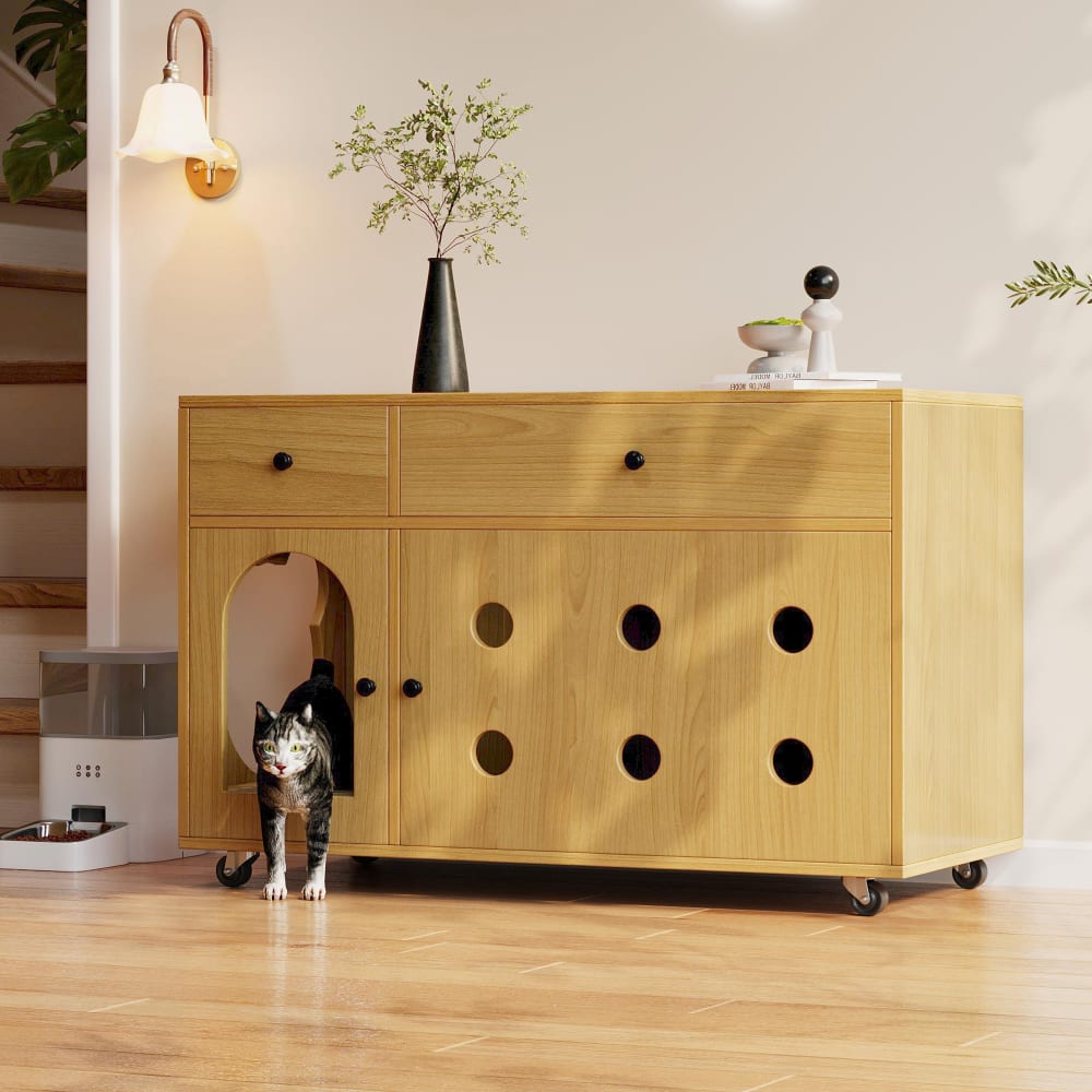 Katzentoiletten-Versteck aus hellem Holz mit Stauraum - Maisons