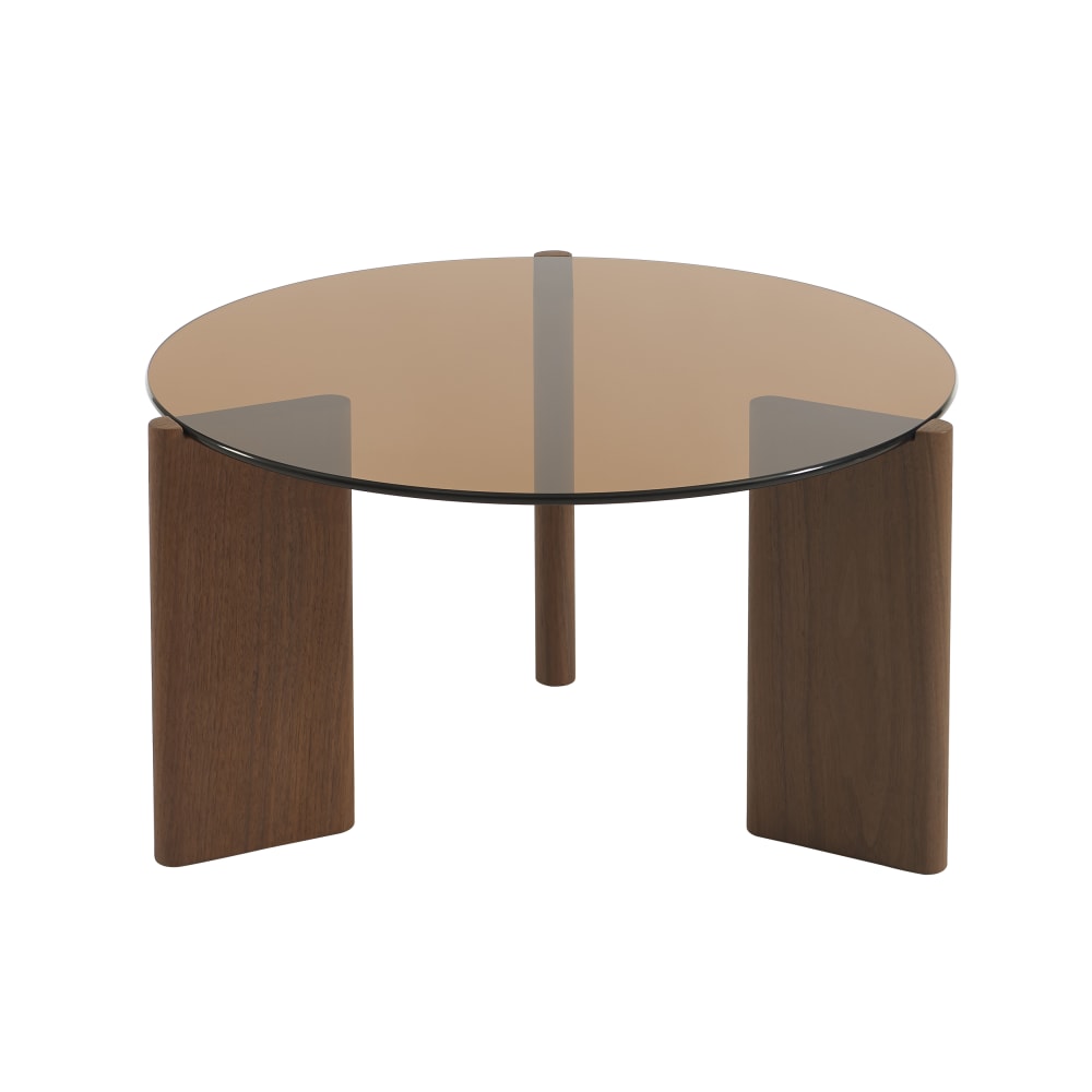 Table basse verre trempé caramel et placage noyer 75cm