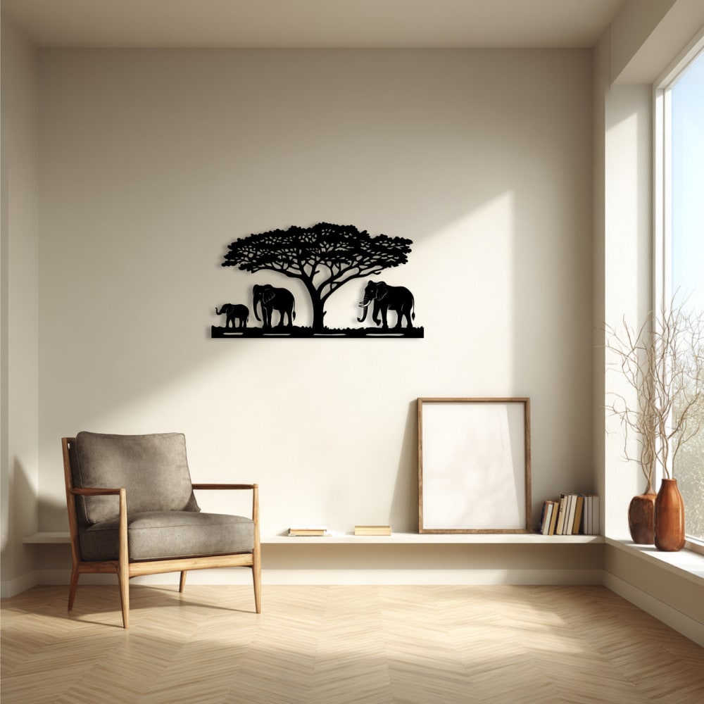 Décoration murale en métal famille d'éléphants noir 75x41 cm