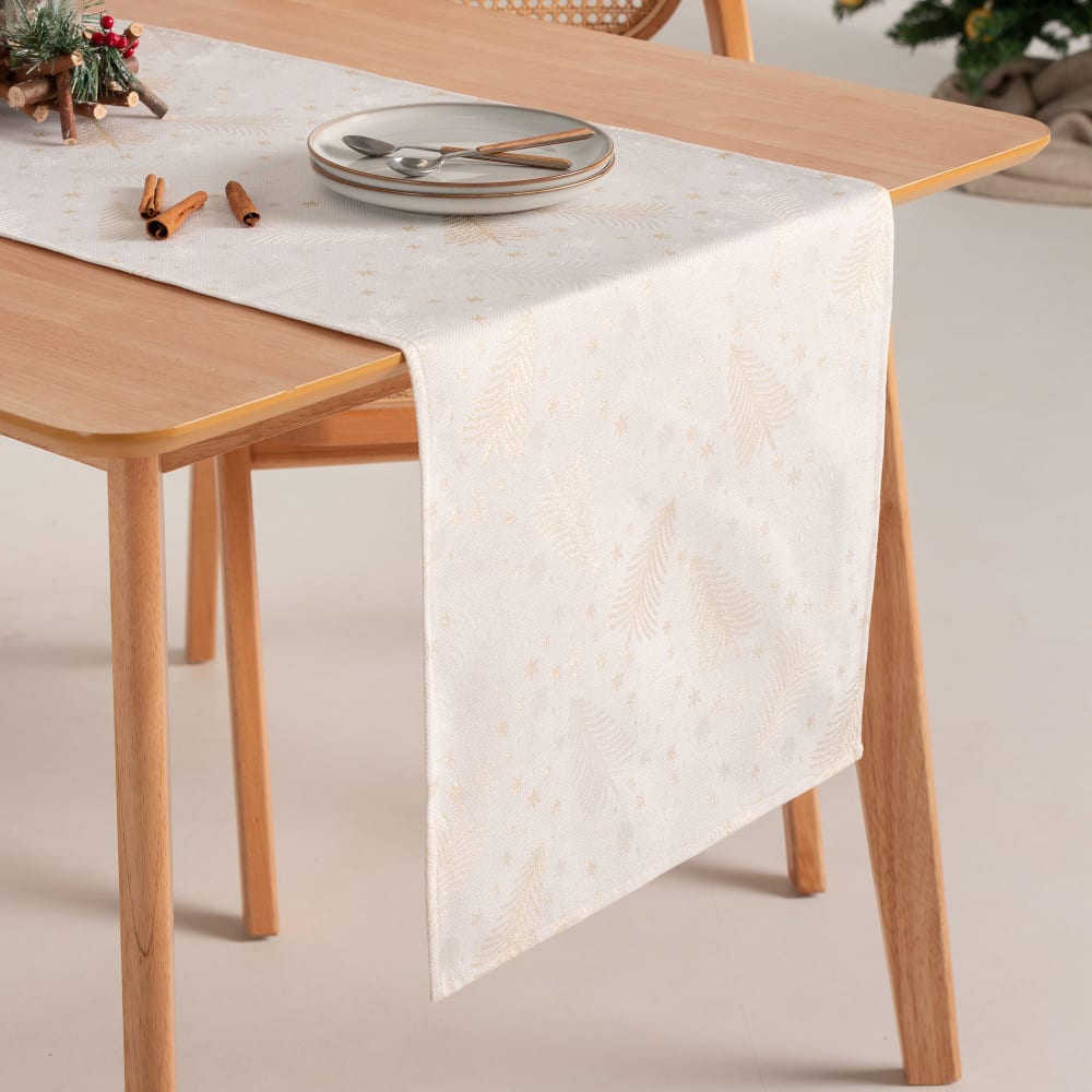 Chemin de table de Noël en coton jacquard blanc et or 45x135 cm