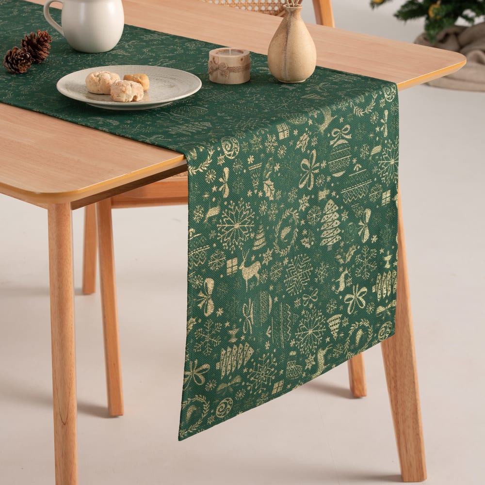 Chemin de table de Noël en coton jacquard vert 45x135 cm