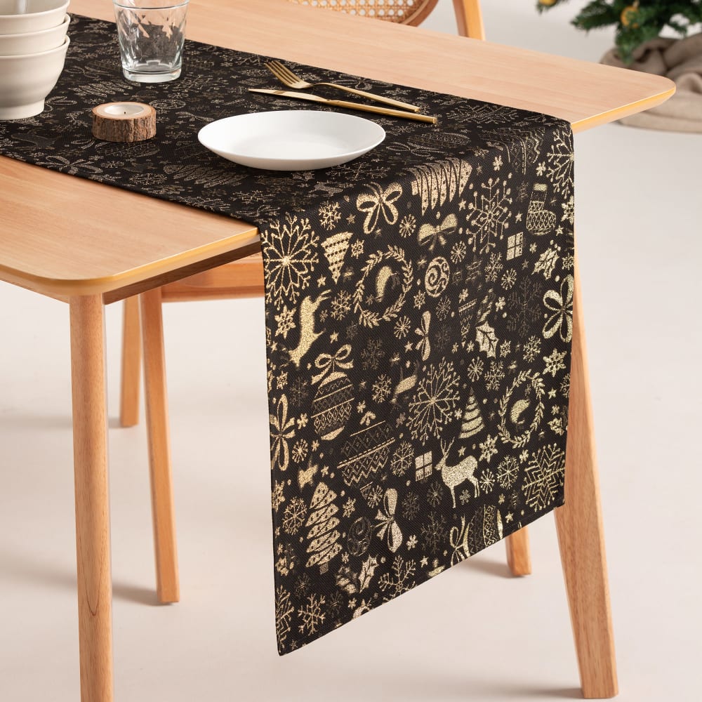 Chemin de table de Noël en coton jacquard noir et or 45x135 cm