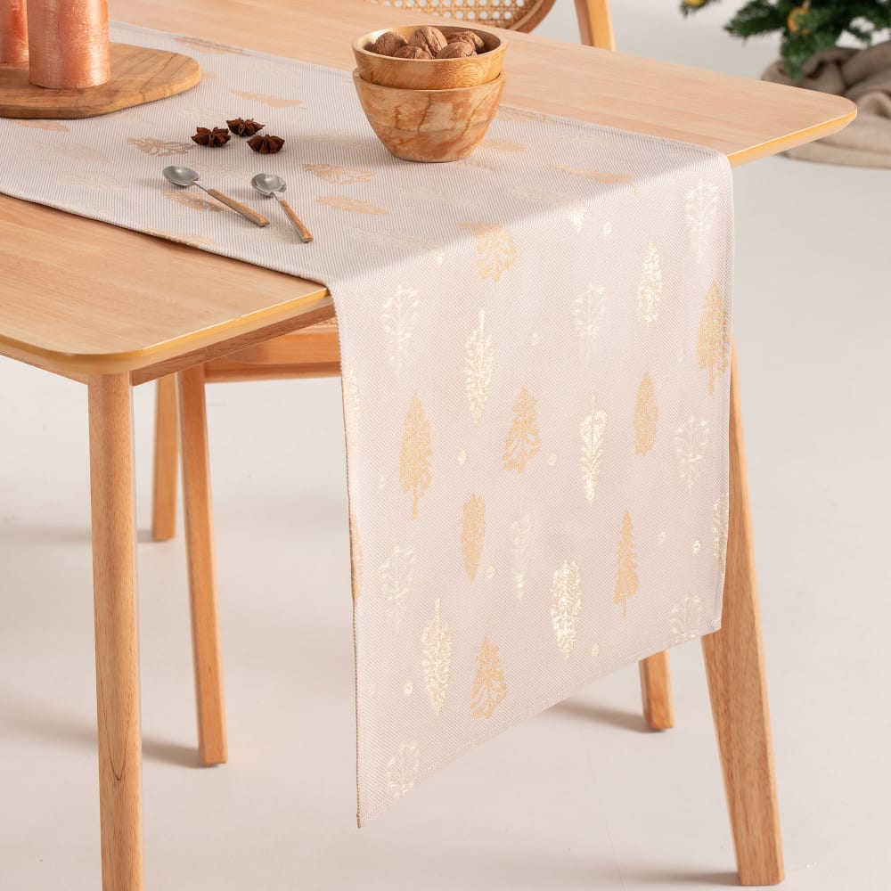Chemin de table de Noël en coton jacquard beige et or 45x135 cm