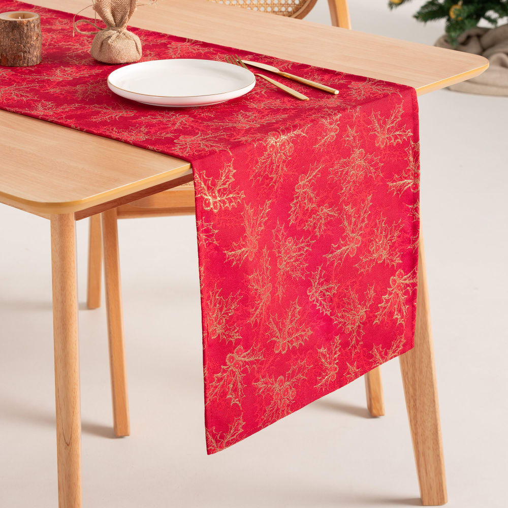 Chemin de table de Noël en coton jacquard rouge 45x135 cm