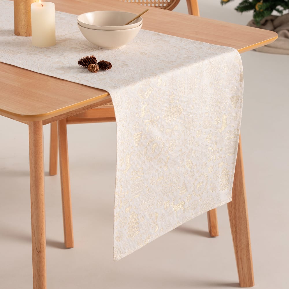 Chemin de table de Noël en coton jacquard blanc et or 45x135 cm