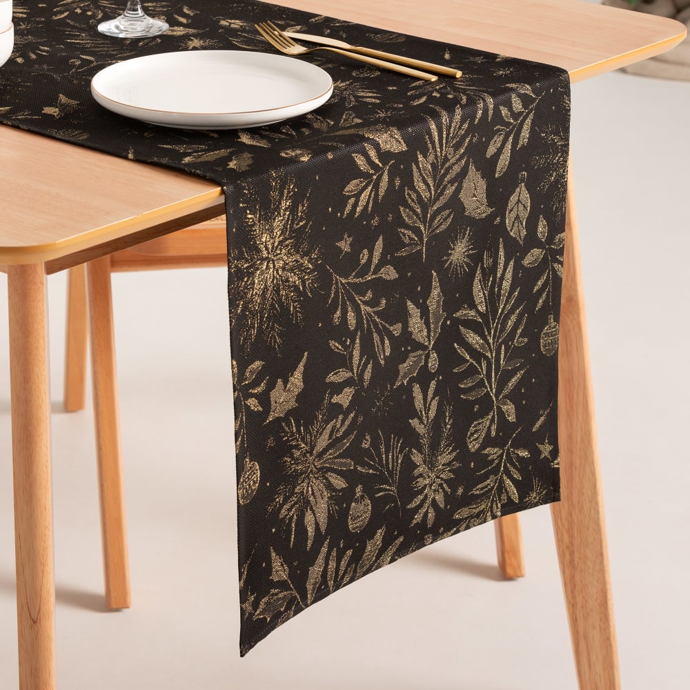Chemin de table de Noël en coton jacquard noir et or 45x135 cm