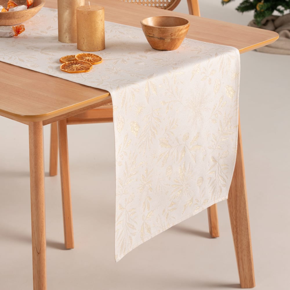 Chemin de table de Noël en coton jacquard blanc et or 45x135 cm