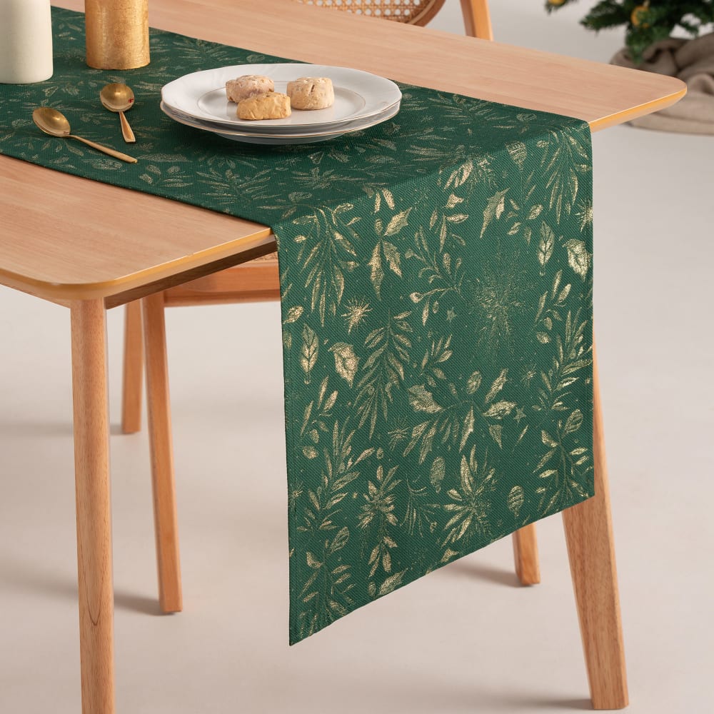 Chemin de table de Noël en coton jacquard vert 45x135 cm
