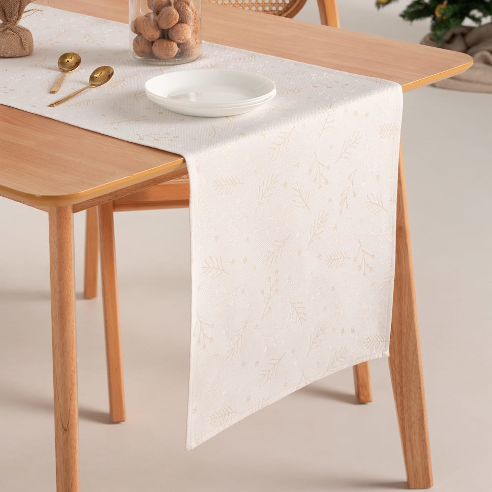 Chemin de table de Noël en coton jacquard blanc et or 45x135 cm