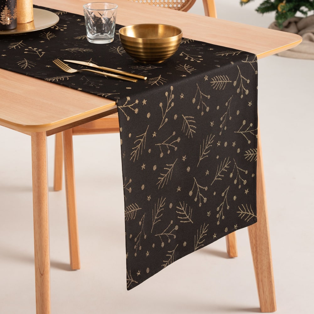 Chemin de table de Noël en coton jacquard noir et or 45x135 cm