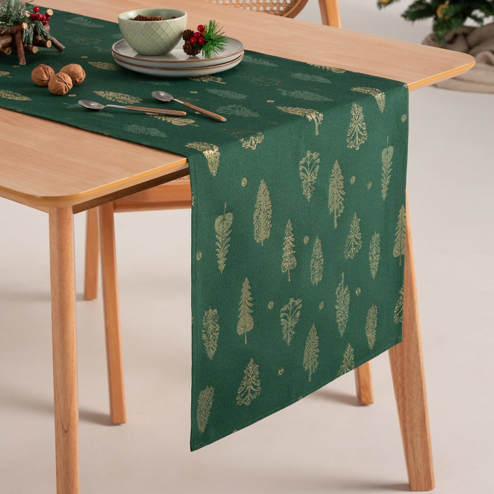 Chemin de table de Noël en coton jacquard vert et or 45x135 cm