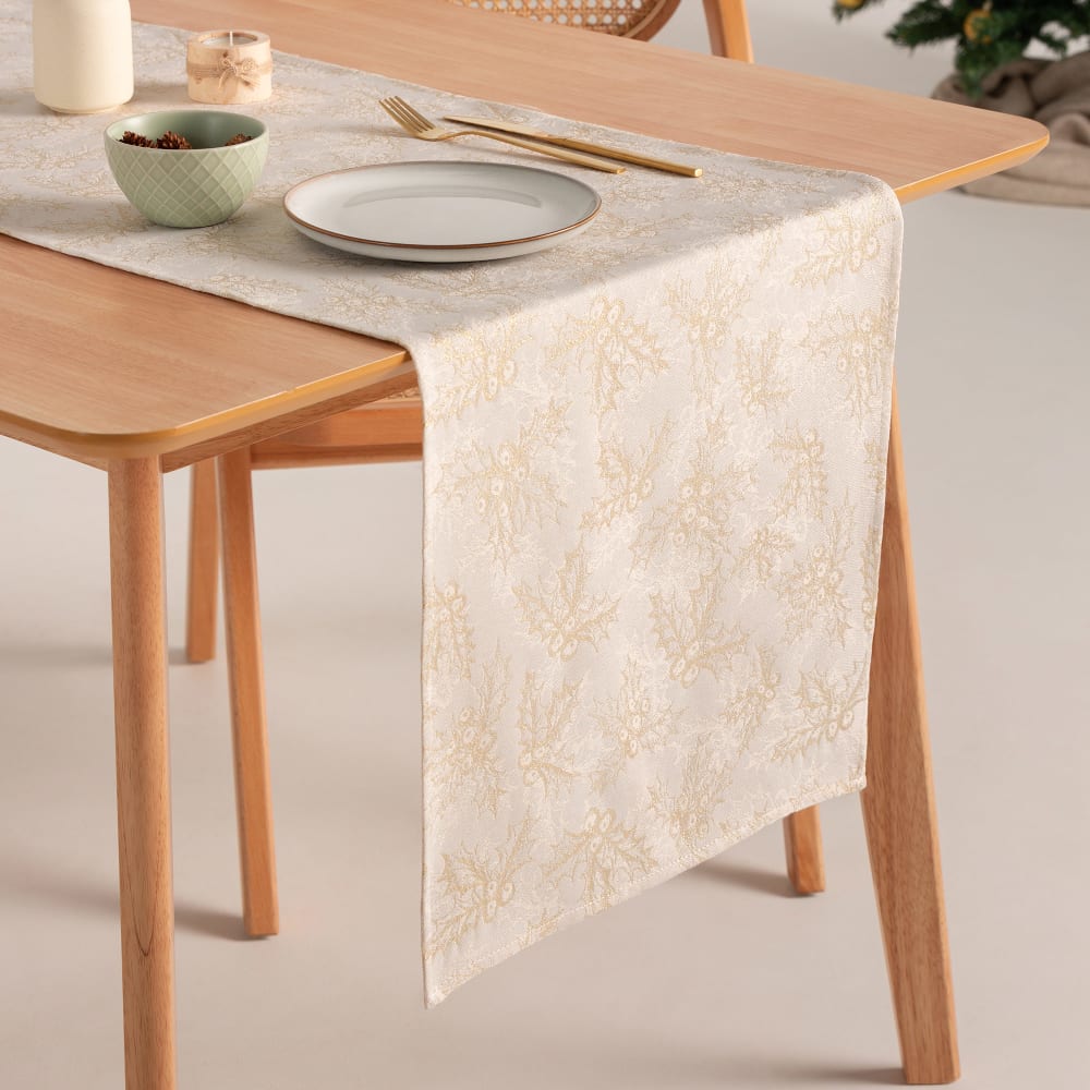 Chemin de table de Noël en coton jacquard écru 45x135 cm