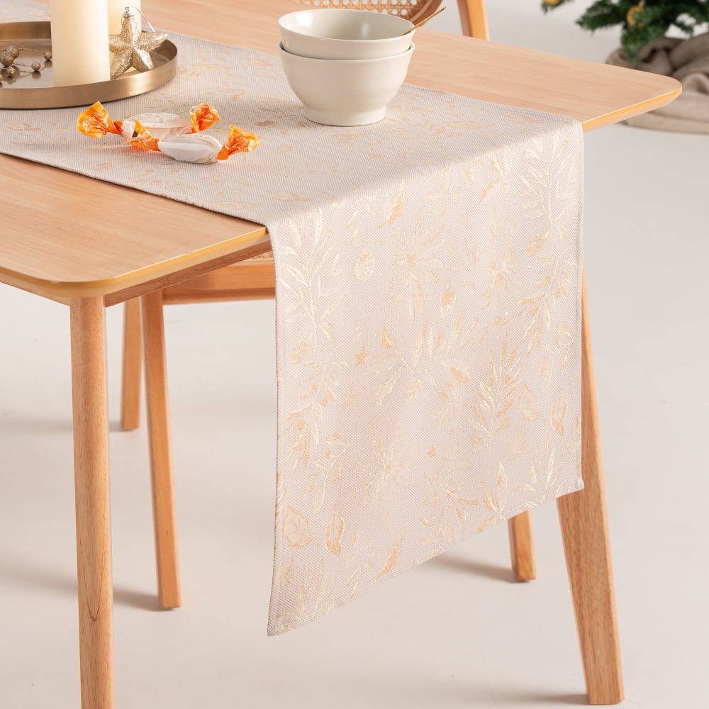Chemin de table de Noël en coton jacquard beige et or 45x135 cm