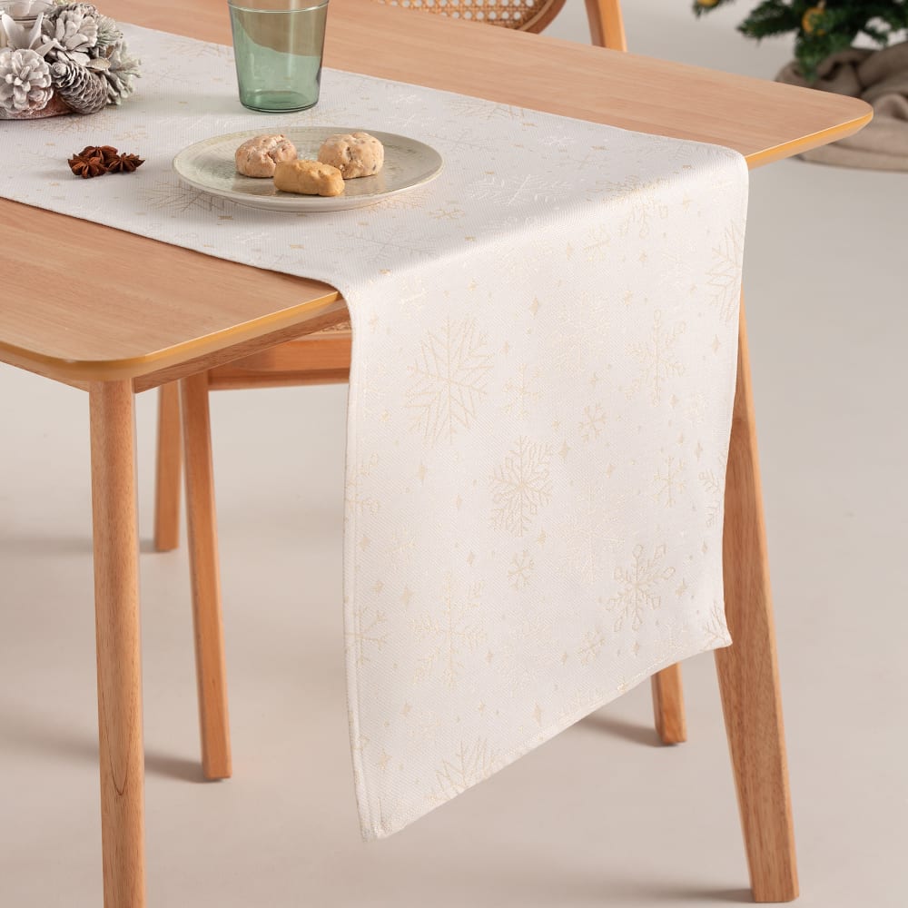 Chemin de table de Noël en coton jacquard blanc et or 45x135 cm