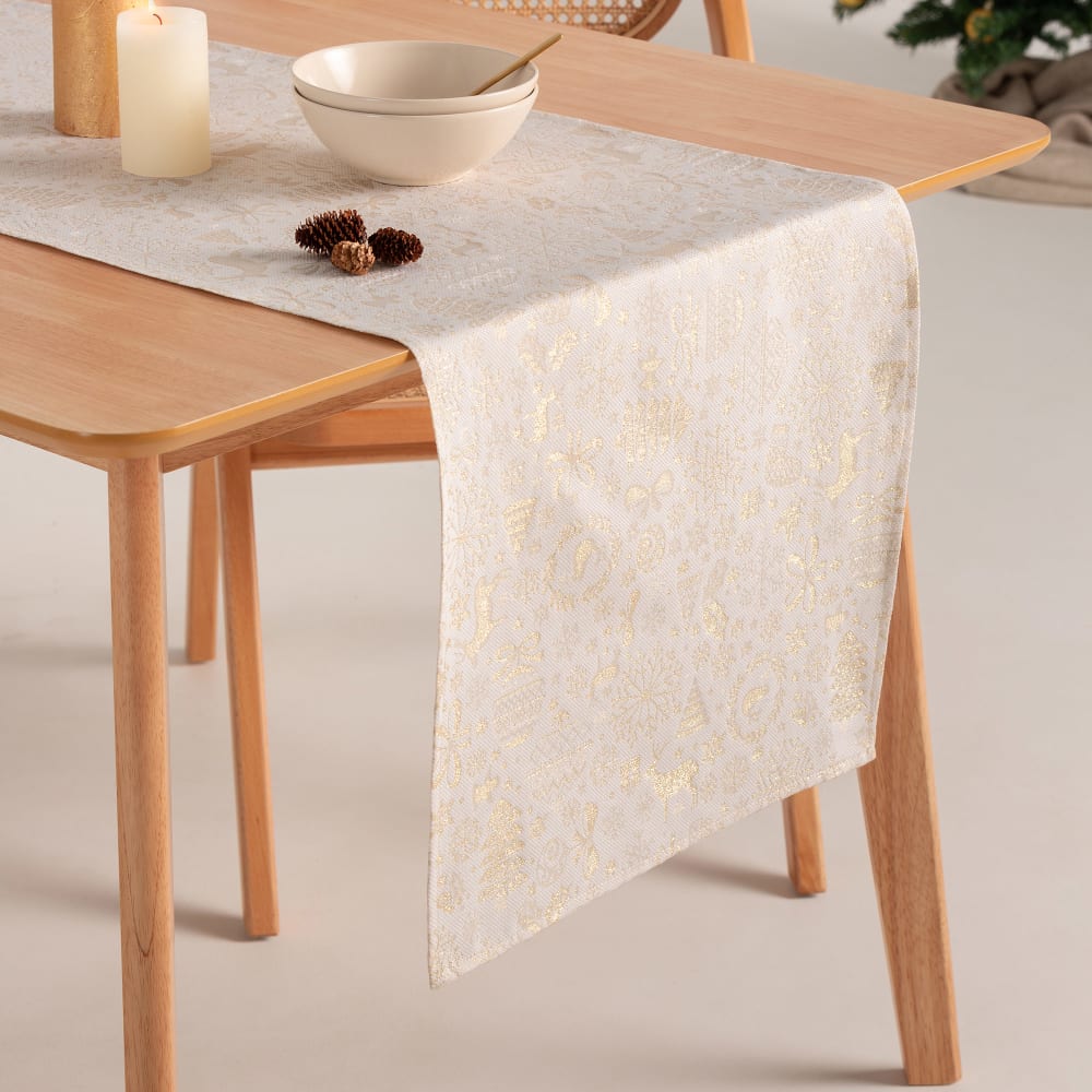 Chemin de table de Noël en coton jacquard écru 45x135 cm