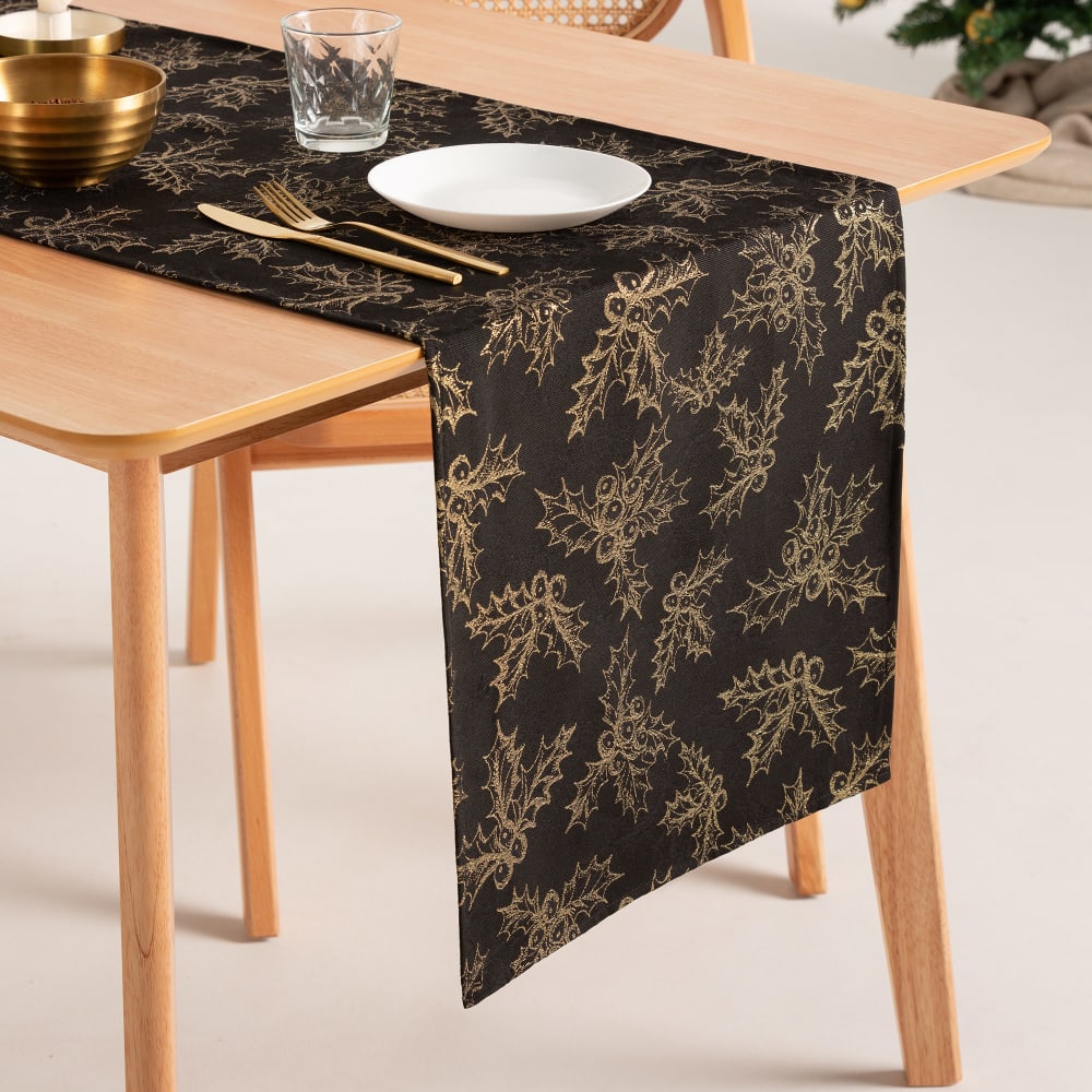 Chemin de table de Noël en coton jacquard noir et or 45x135 cm