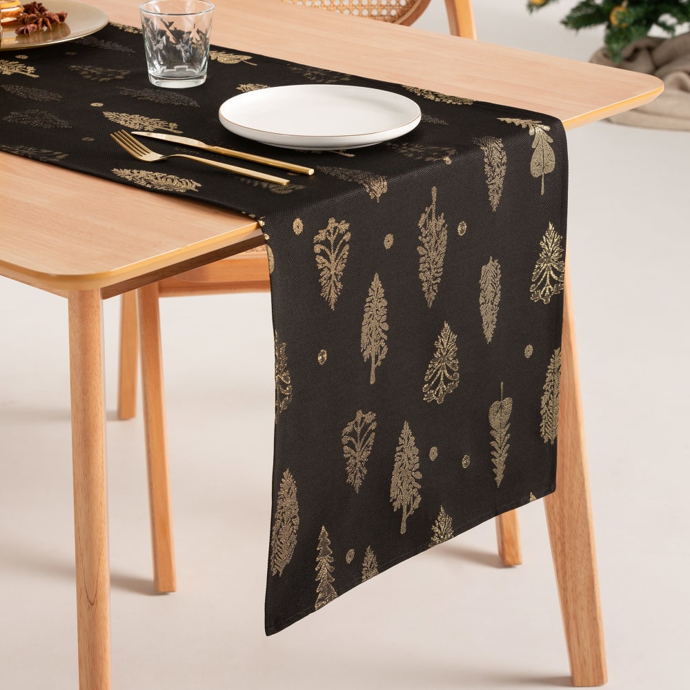 Chemin de table de Noël en coton jacquard noir et or 45x135 cm