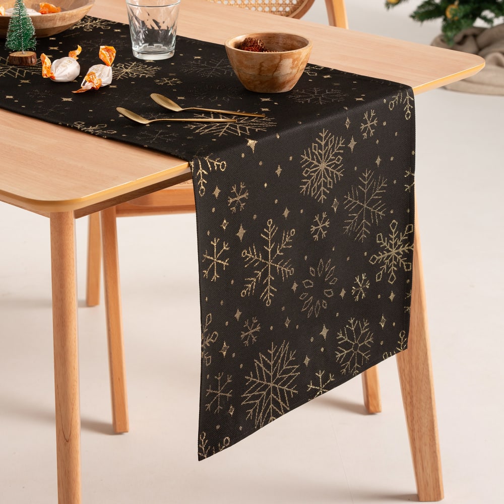 Chemin de table de Noël en coton jacquard noir et or 45x135 cm
