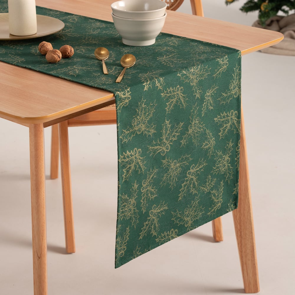 Chemin de table de Noël en coton jacquard vert 45x135 cm