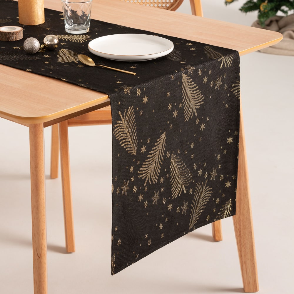Chemin de table de Noël en coton jacquard noir et or 45x135 cm