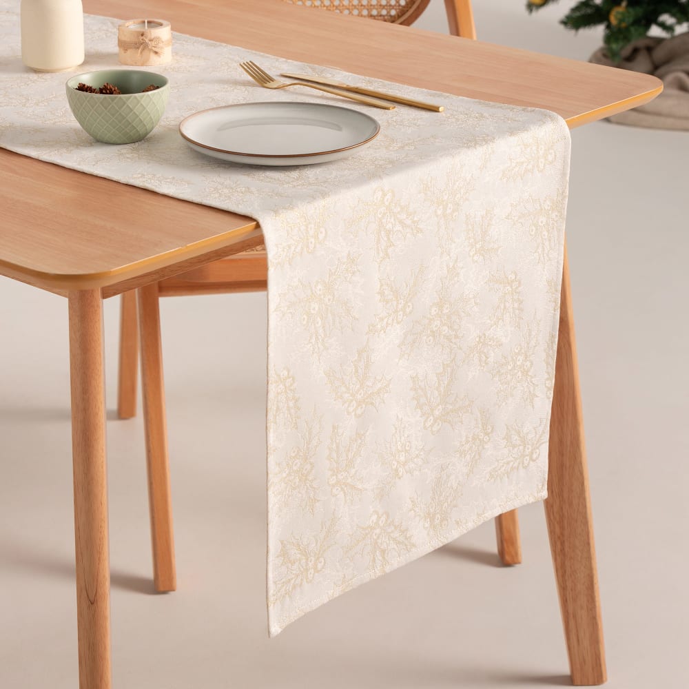 Chemin de table de Noël en coton jacquard blanc et or 45x135 cm