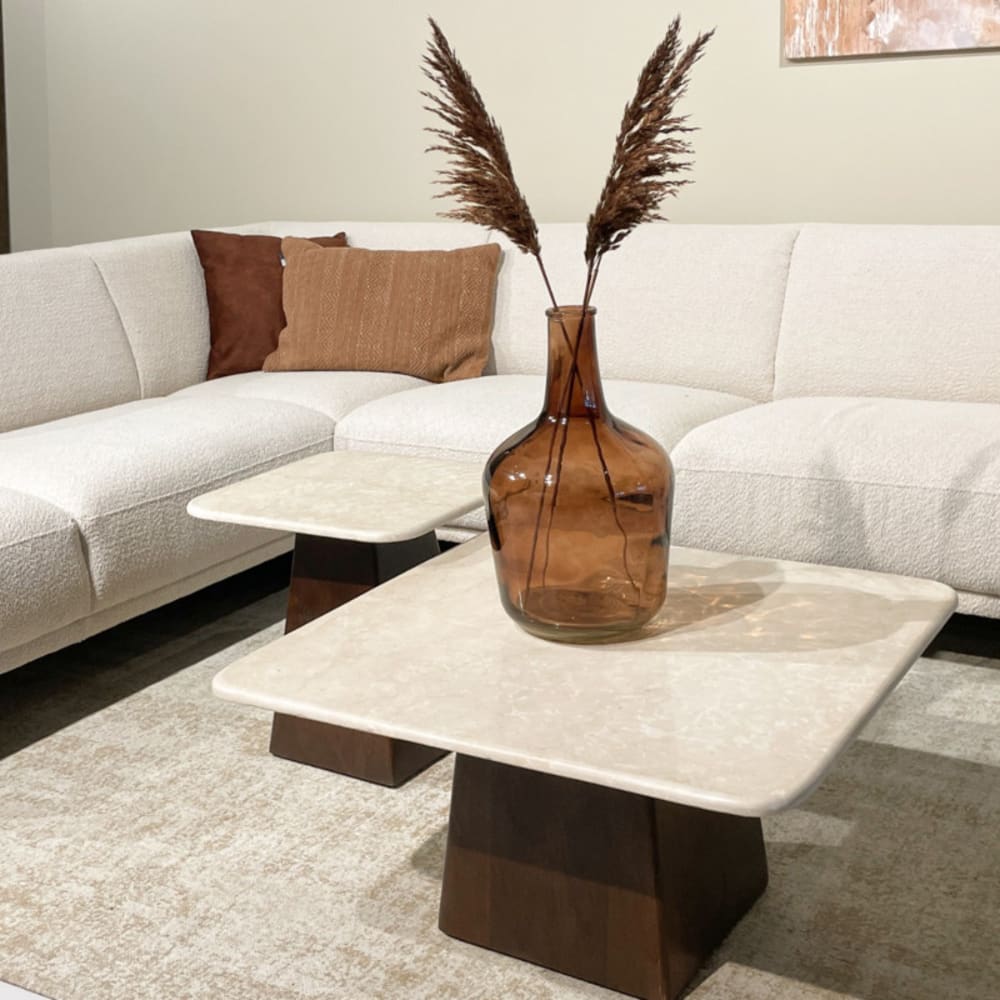 Couchtisch 75 cm aus Marmor und braunem Massivholz - Maisons Du