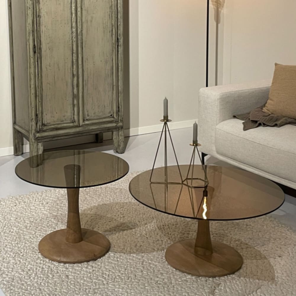Runder Couchtisch D75 cm aus Rauchglas und Holz - Maisons Du