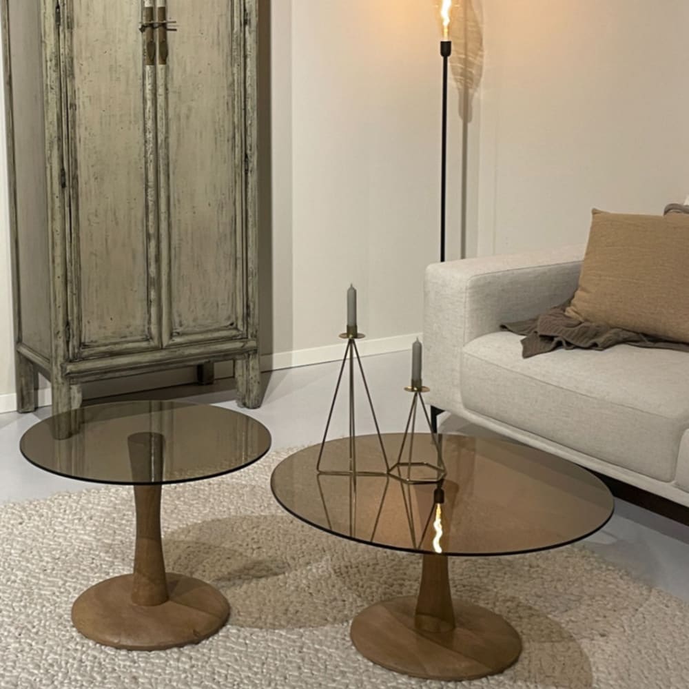 Runder Couchtisch D60 cm aus Rauchglas und Holz - Maisons Du