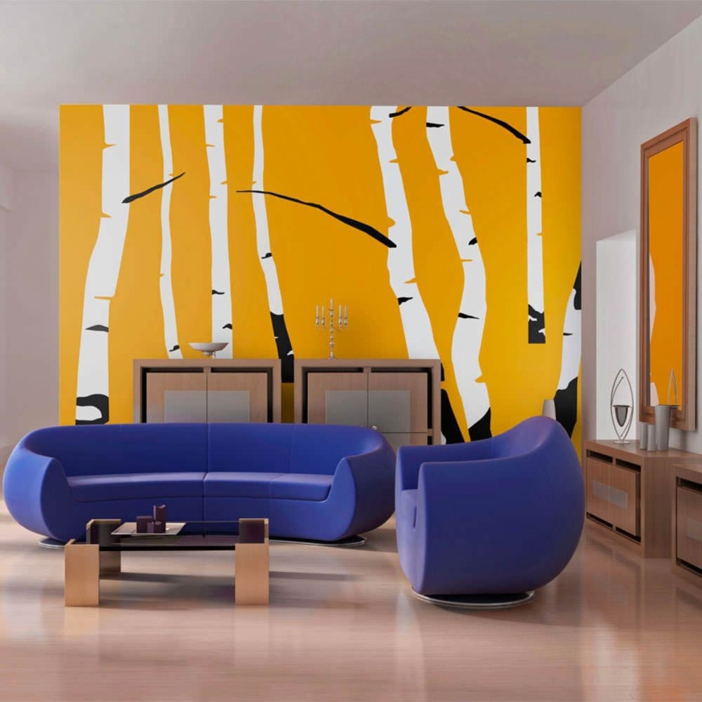 Papier peint bouleaux sur fond orange 300 x 230 cm — vue 3