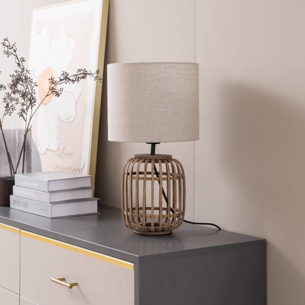 Tischlampe aus Textil, grau, Holz hell - Maisons Du Monde