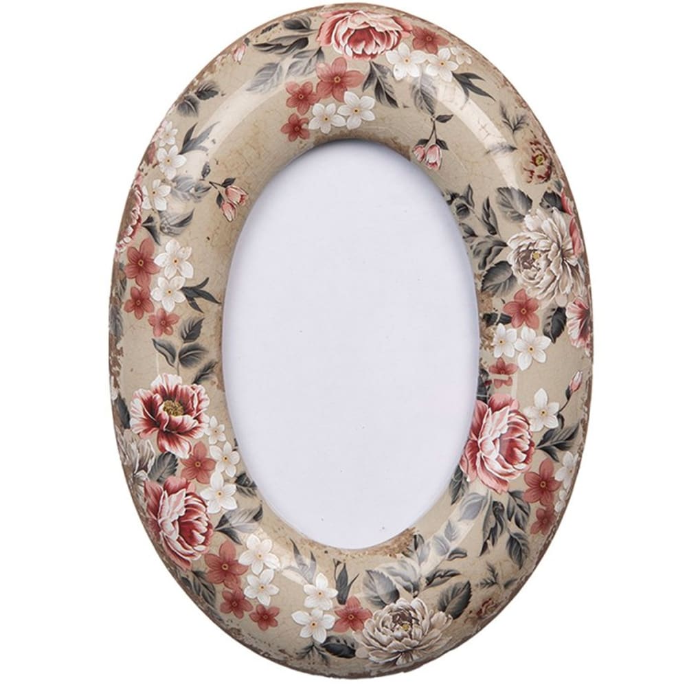 Cadre photo ovale mural ou à poser beige fleuri pour photo 9x13cm