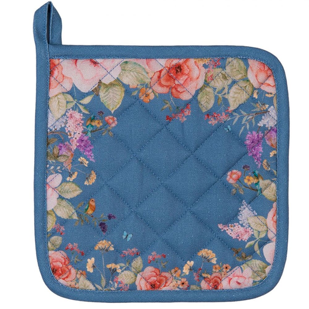 Manique de cuisine 100% coton bleu motif fleuri 20x20cm