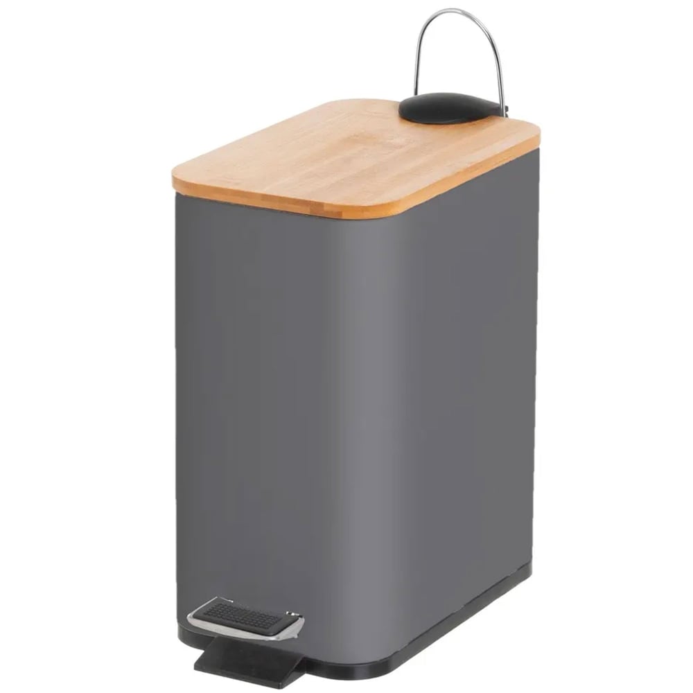 Poubelle de salle de bain rectangulaire métal gris et bambou 5l Poubelle de salle de bain rectangulaire métal gris et bambou 5l
