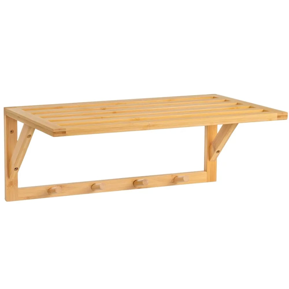 Portemanteau mural bambou 4 crochets et étagère 50x30x20cm