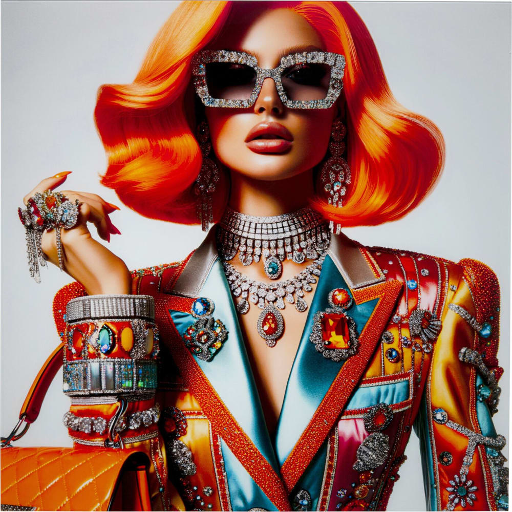 Tableau en verre femme bijoux 100x100