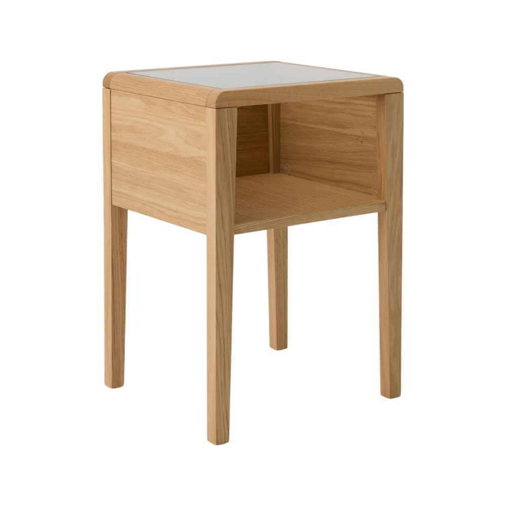 Table de chevet effet bois clair et plateau en verre transparent