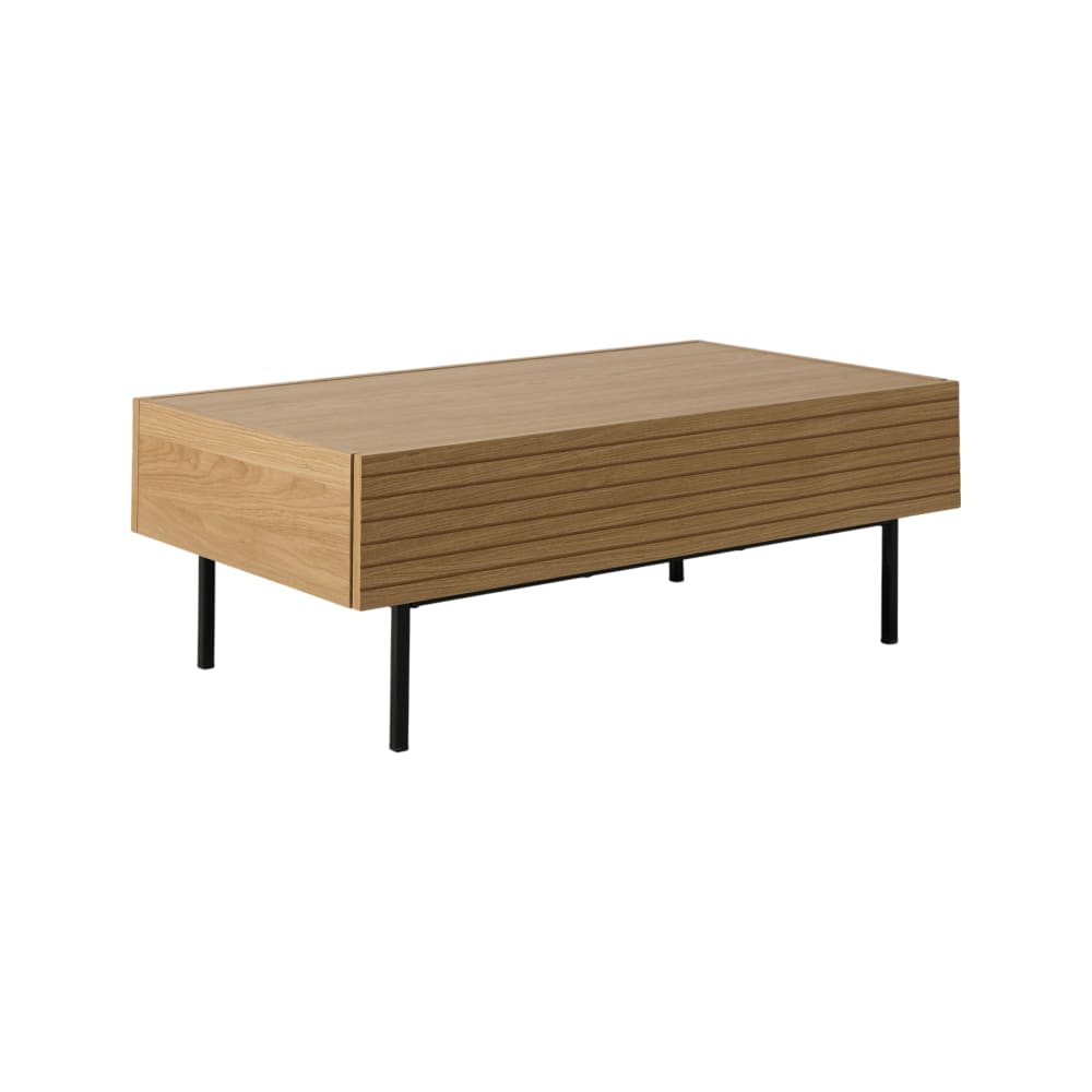 Table basse 1 tiroir effet bois clair et pieds en métal noir