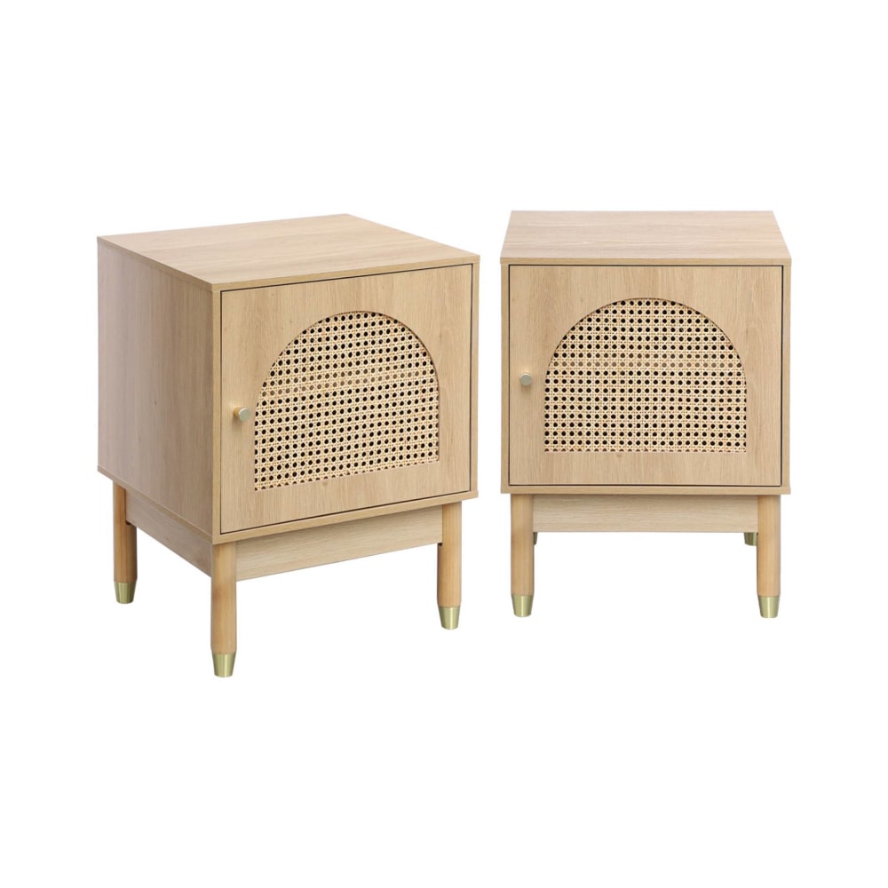 Table de chevet bohème bois et cannage naturel 1 porte (lot de 2)