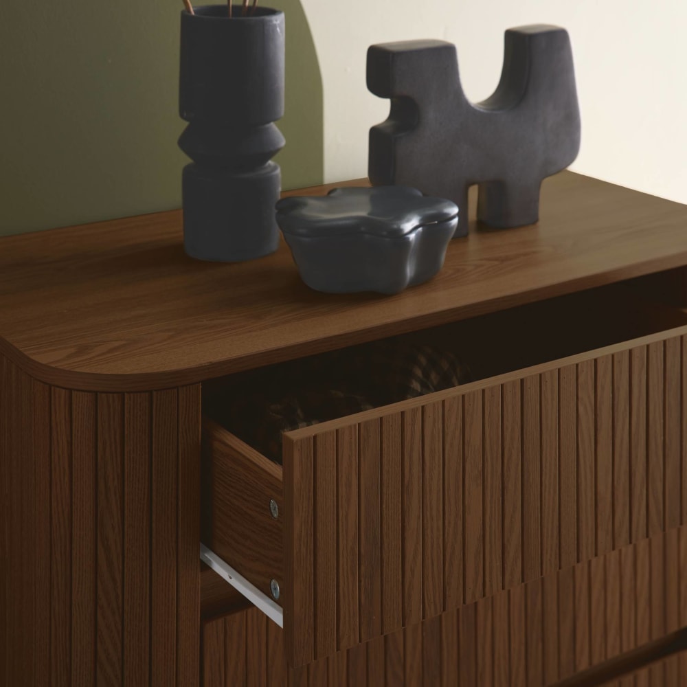 Kommode mit 3 Schubladen, geriffelter Holzlook, nussbaumfarben -