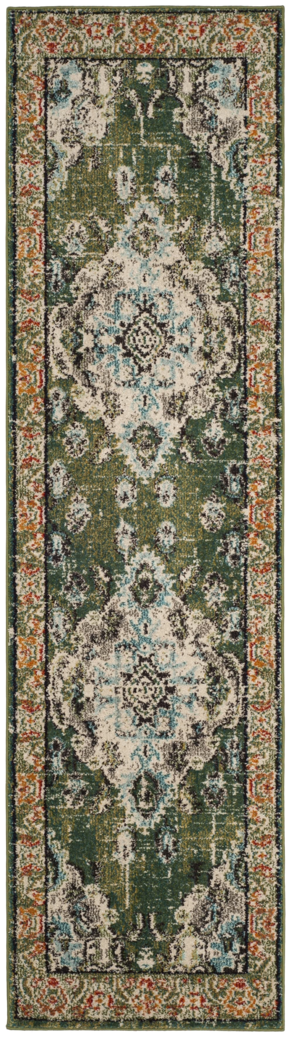 Tapis boho chic en polypropylène vert/bleu, 66 x 366 cm