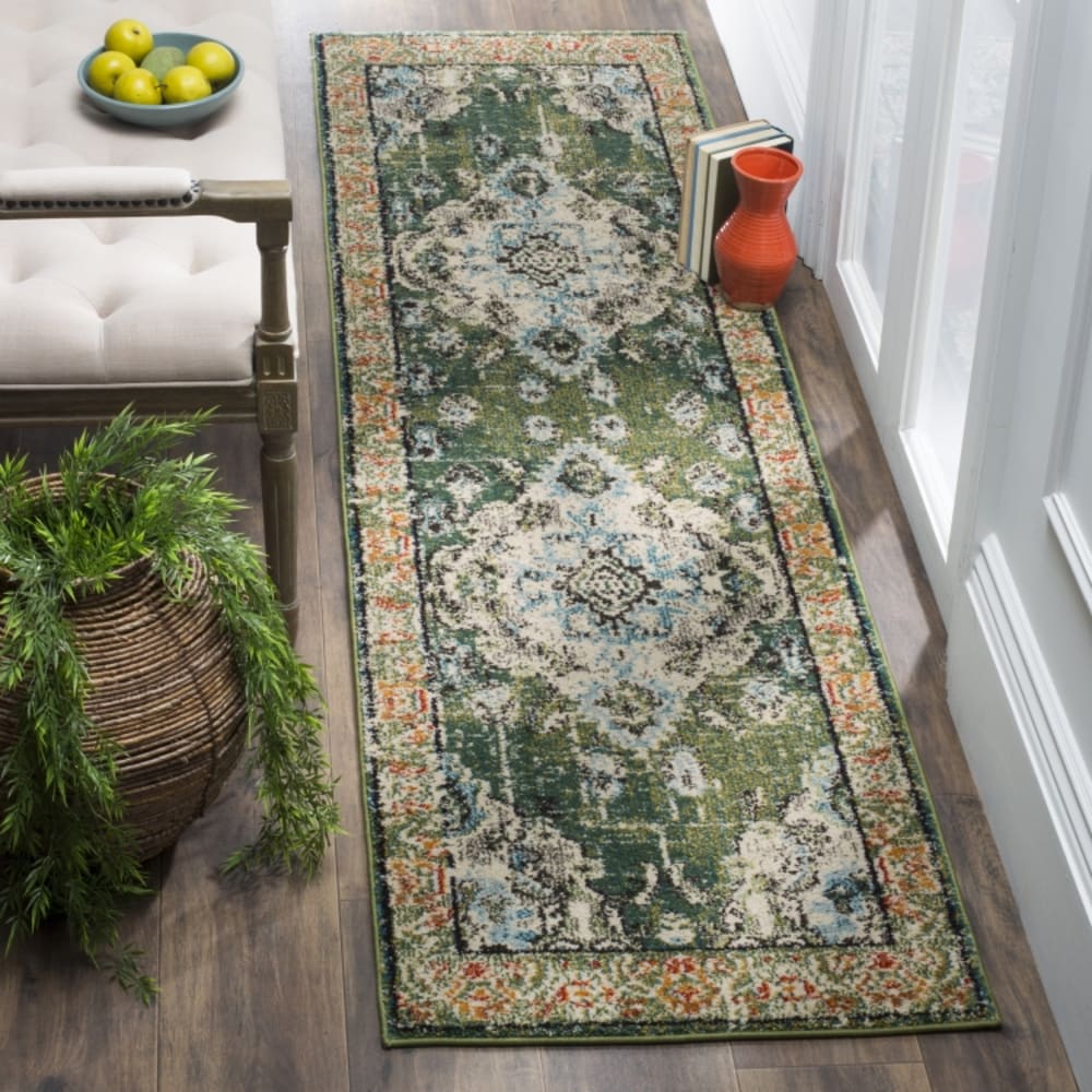 Tapis boho chic en polypropylène vert/bleu, 66 x 366 cm — vue 3