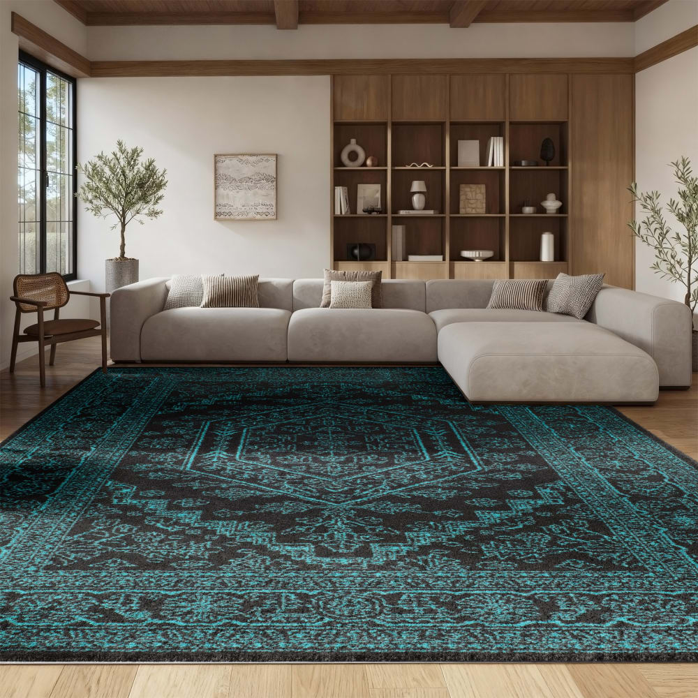 Tapis médaillon en polypropylène noir/bleu, 155 x 229 cm — vue 3