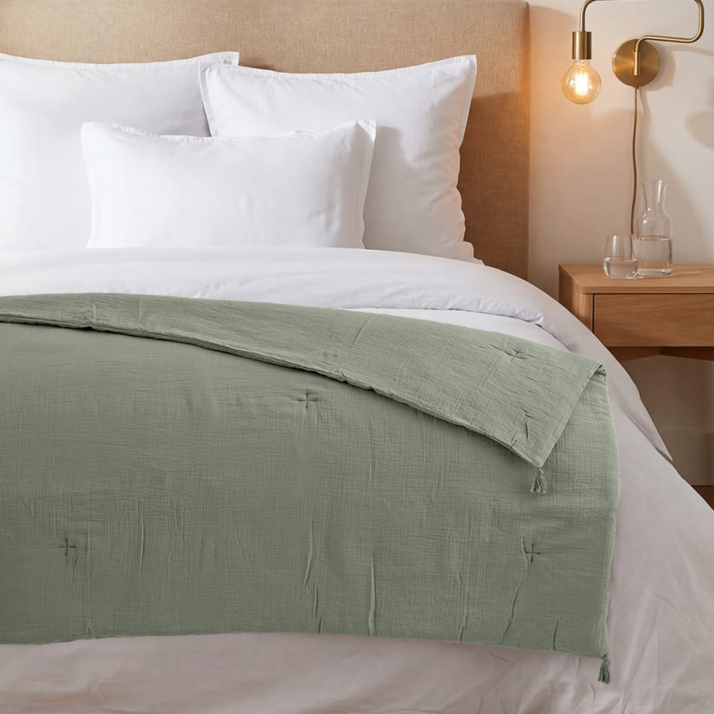 Chemin de lit gaze de coton  sauge 90x200 cm