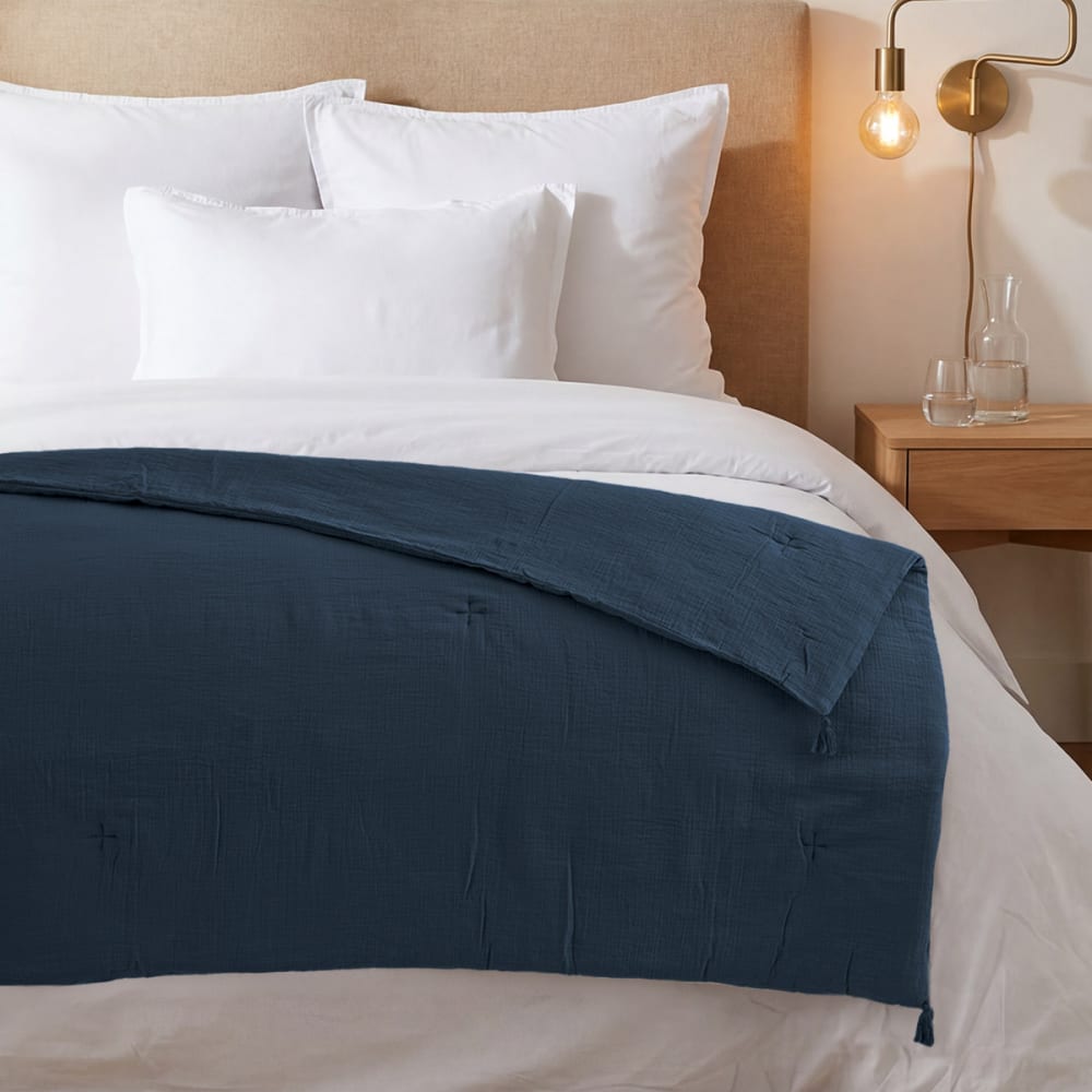 Chemin de lit gaze de coton  indigo 90x200 cm