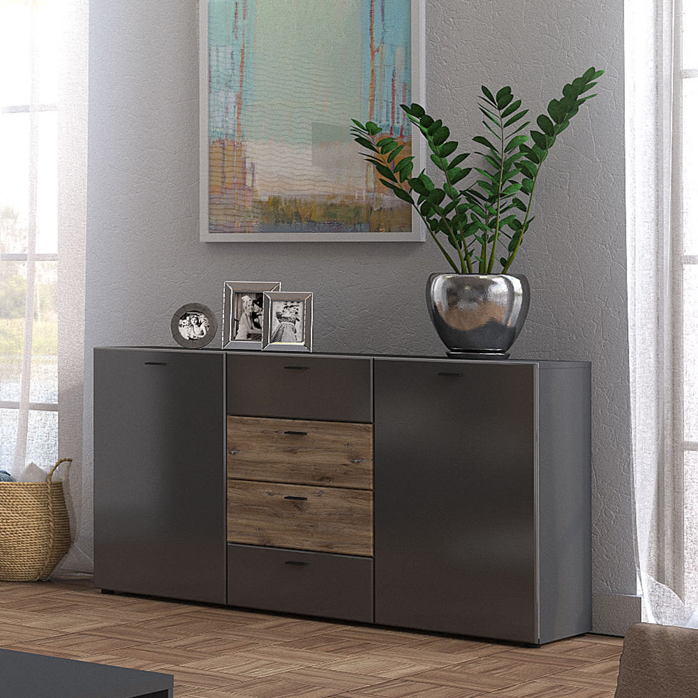 Kommode mit Türen & Schubladen aus MDF, grau / braun, 150x40x81cm