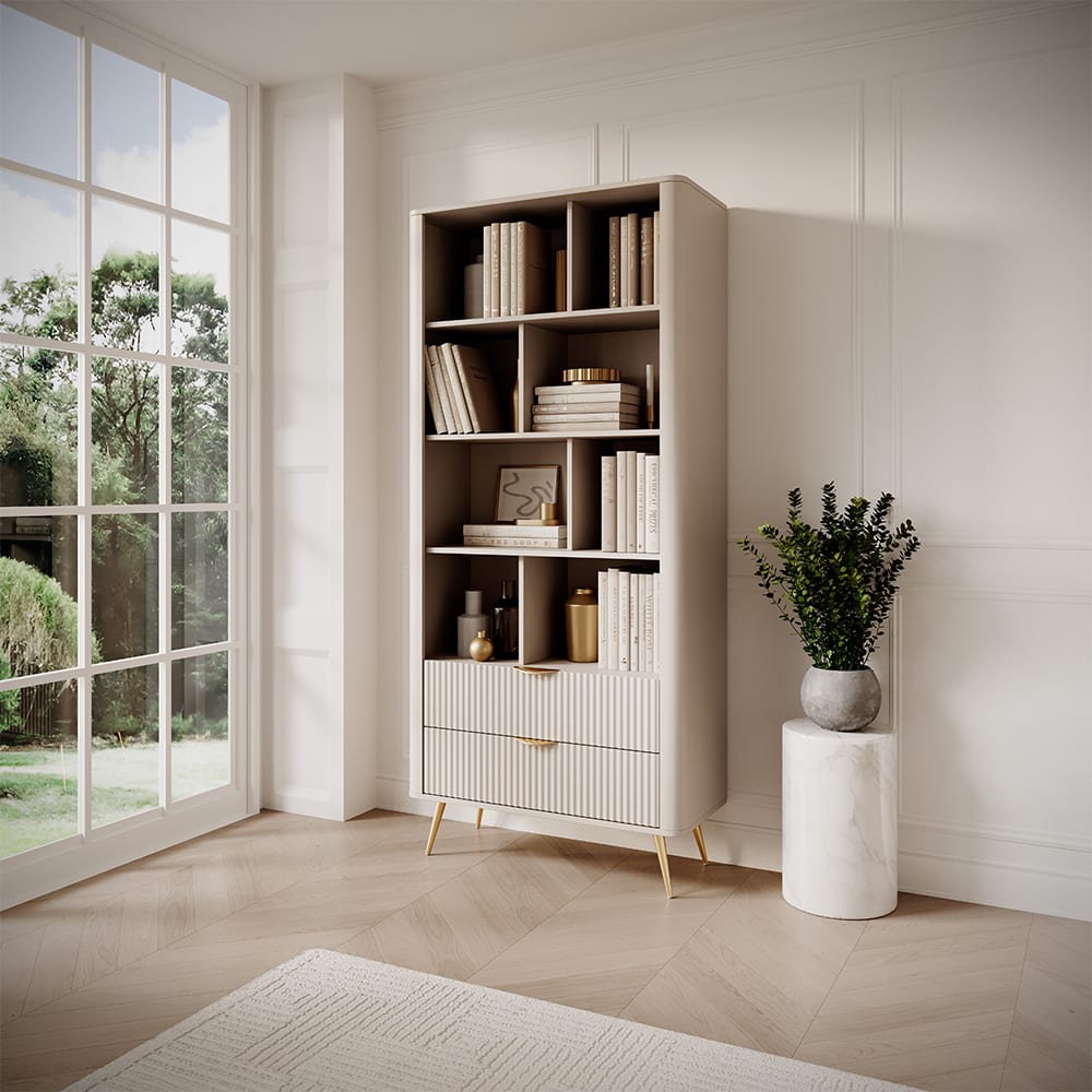 Bücherregal, geriffelte Wellenoptik aus MDF, 88x38x194cm, beige -