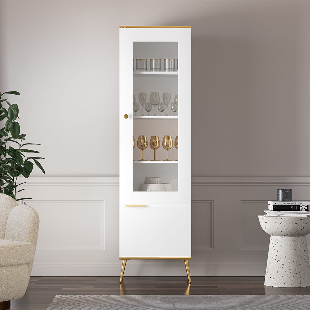 Glasvitrine mit Türen aus Spanplatte & MDF, 55x40x195cm, weiß /