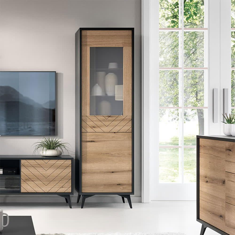 Vitrine mit Türen aus Spanplatte,53,5x39x178cm, schwarz / Evoke